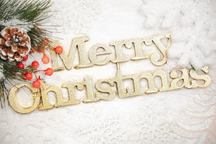 Merry Christmas golden text with pine cone and berries