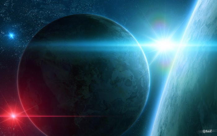 Two planets in space with bright light rays