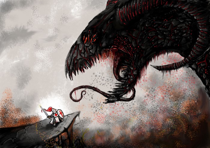 Knight battles a large black dragon