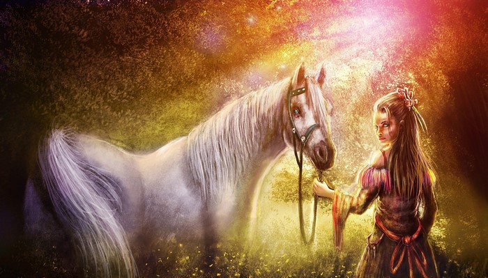 Girl holding a white horse in a magical forest