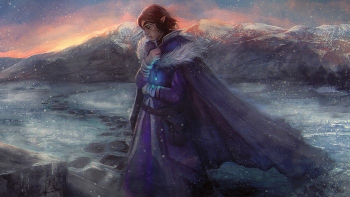 Elf in a snowy mountain landscape at sunset