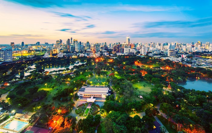 Bangkok Cityscape with Lumpini Park at Dusk