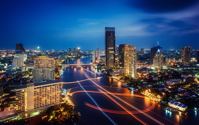 Bangkok cityscape at night with Chao Phraya River