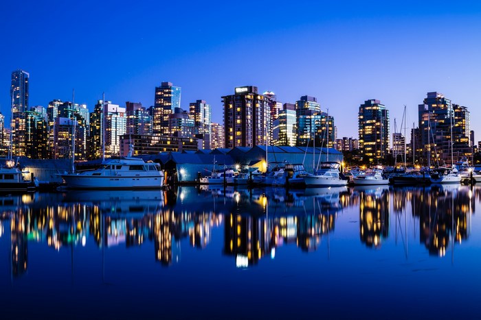 Vancouver skyline and harbor at night