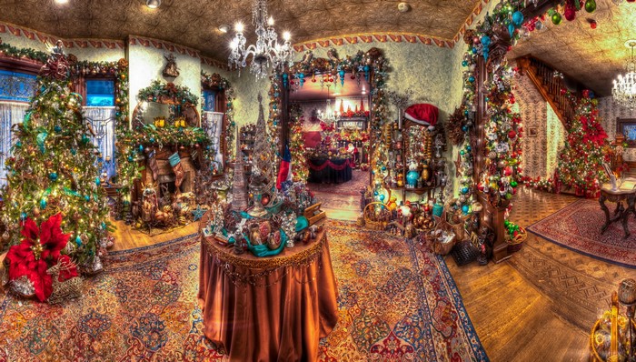 4K Christmas Interior with Trees and Decorations