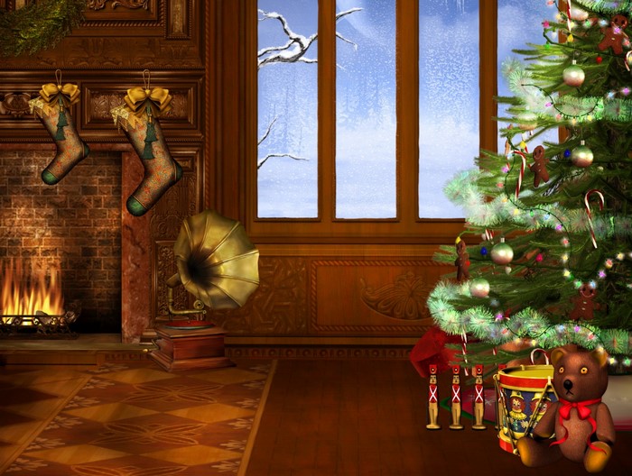 Christmas scene with fireplace, tree, and gifts