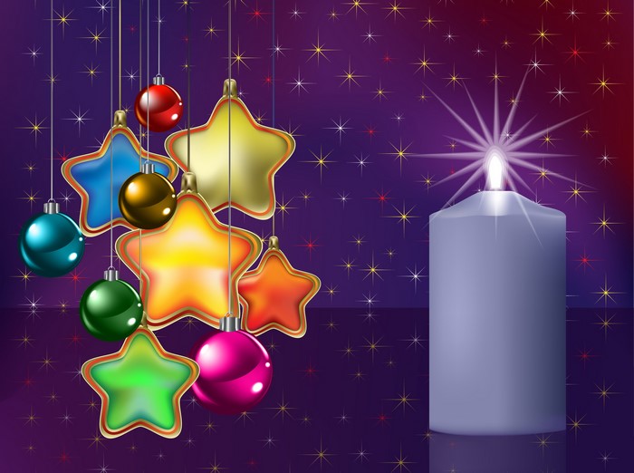 Christmas Ornaments and Candle with Starry Background