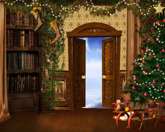 Christmas scene with open door to winter landscape