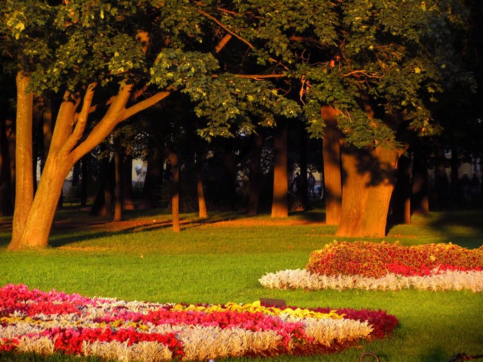 Park in Russia with trees and flowerbeds