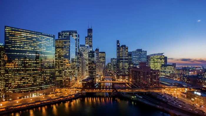 Chicago Skyline at Night with River and Bridges