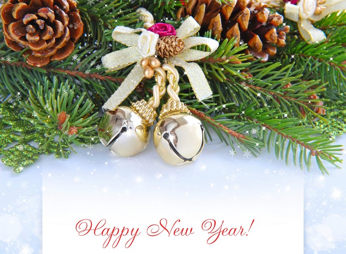 Christmas pine branches with bells and Happy New Year text