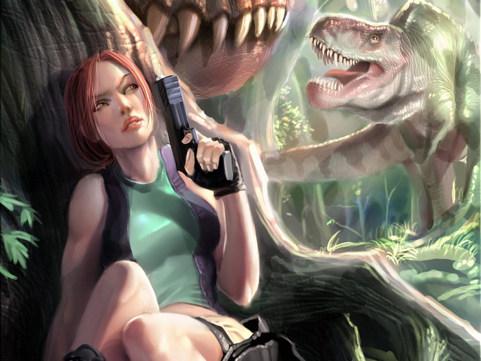 Lara Croft from Tomb Raider with dinosaurs