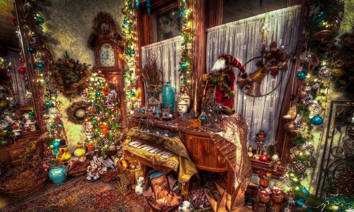 4K Christmas Interior with Piano and Decorations