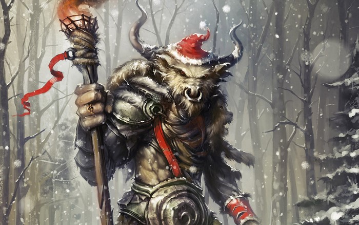 Minotaur warrior with torch and Santa hat in snow