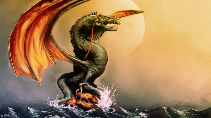 Dragon with a woman on a rock in the sea