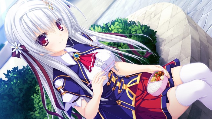 Girl with white hair holding a bento box