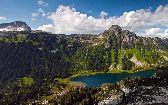 Mountain lake surrounded by evergreen trees and rocky peaks