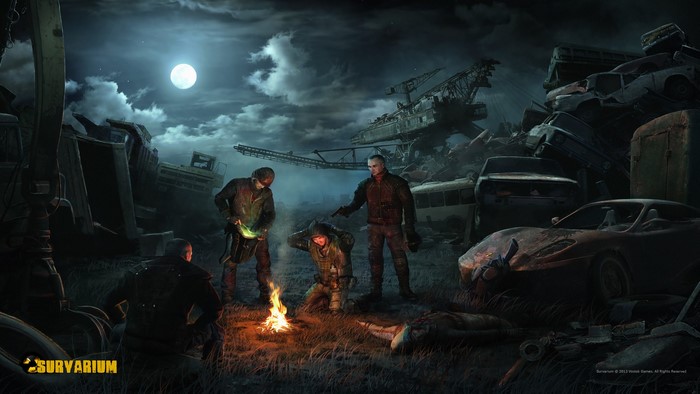 Survarium characters gathered around a campfire at night