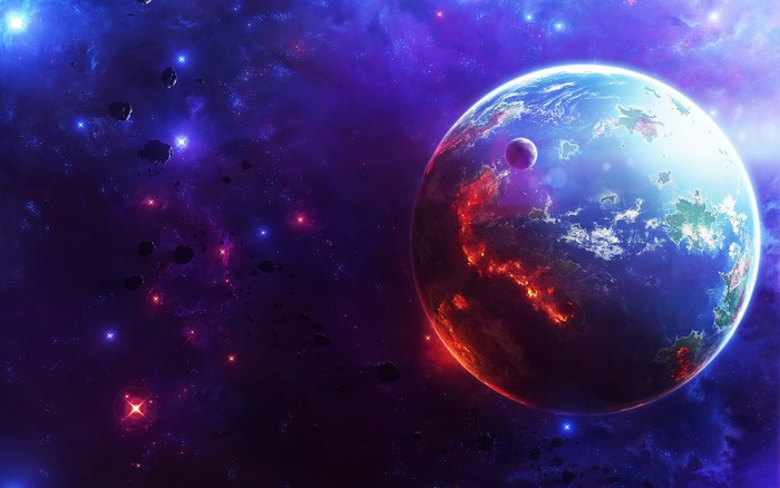 Planet and moon in a nebula with asteroids