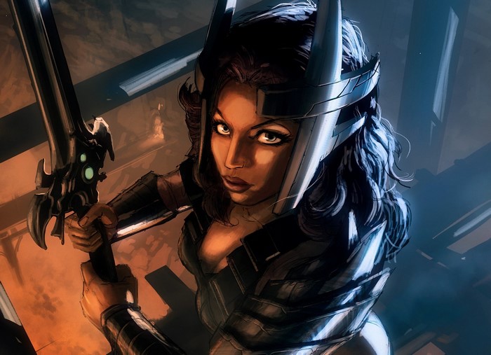 Warrior woman with sword and helmet