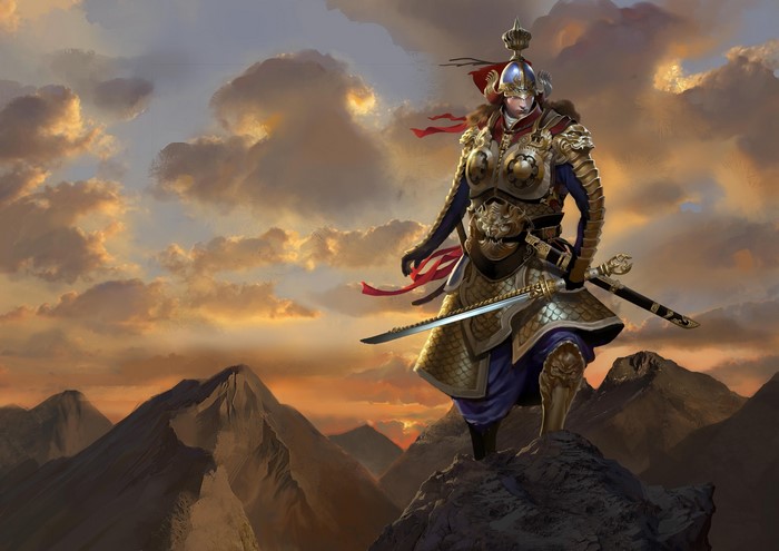 Warrior in Armor with Swords on Mountain Peak