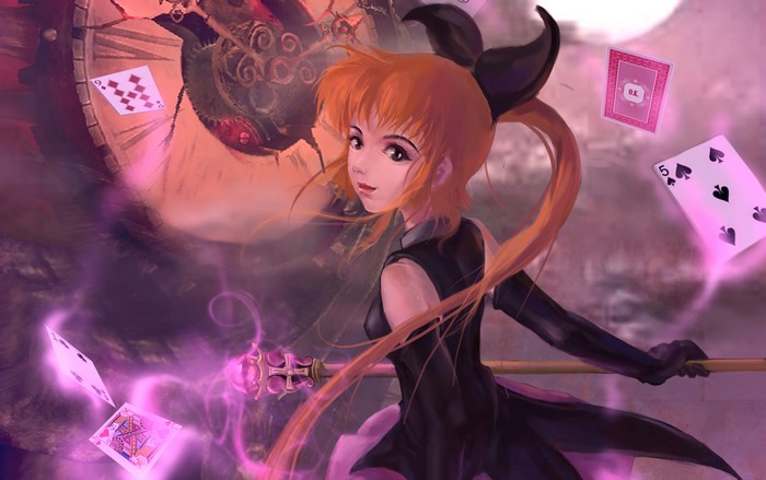 Girl with orange hair and magic staff with cards