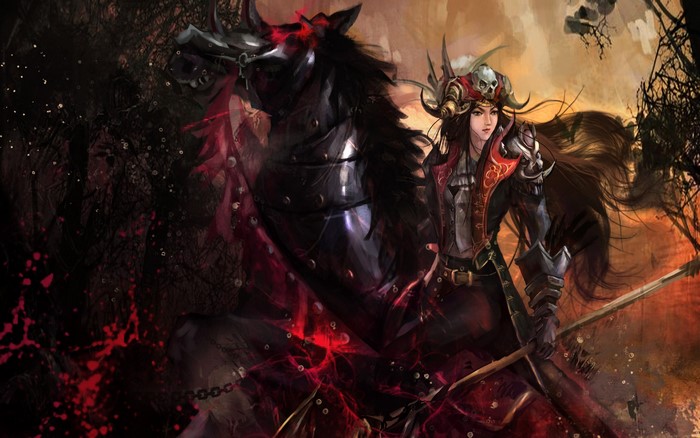 Warrior woman on a black armored horse