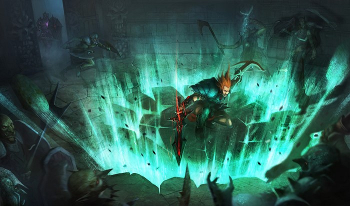 Warriors battling with swords and magic