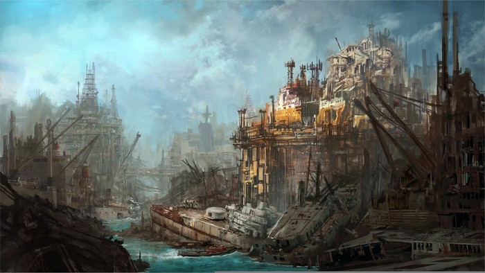 Apocalyptic Cityscape with Shipwrecks and Cranes