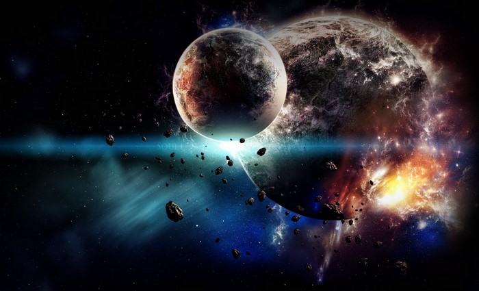 Two planets and asteroids in space