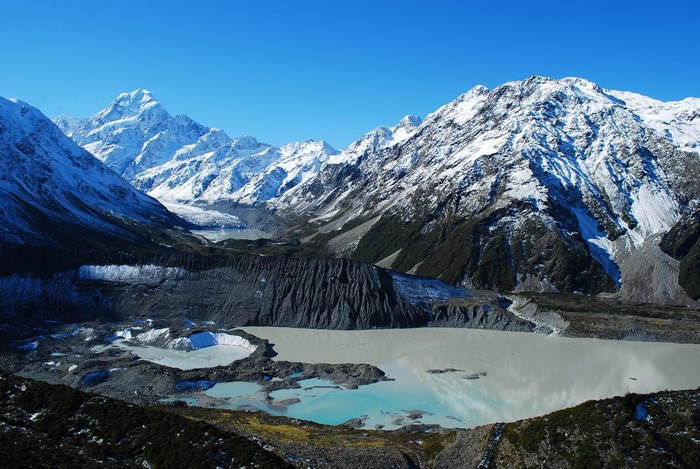 Snow-capped mountains and glacial lakes in Aoraki/Mount Cook National Park, New Zealand