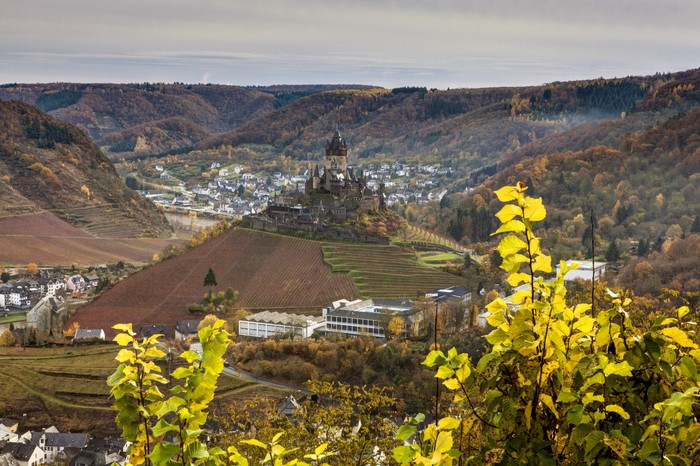 Reichsburg Cochem castle overlooking a German town and vineyards