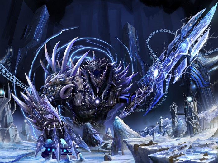 Monstrous warrior with ice sword in icy landscape