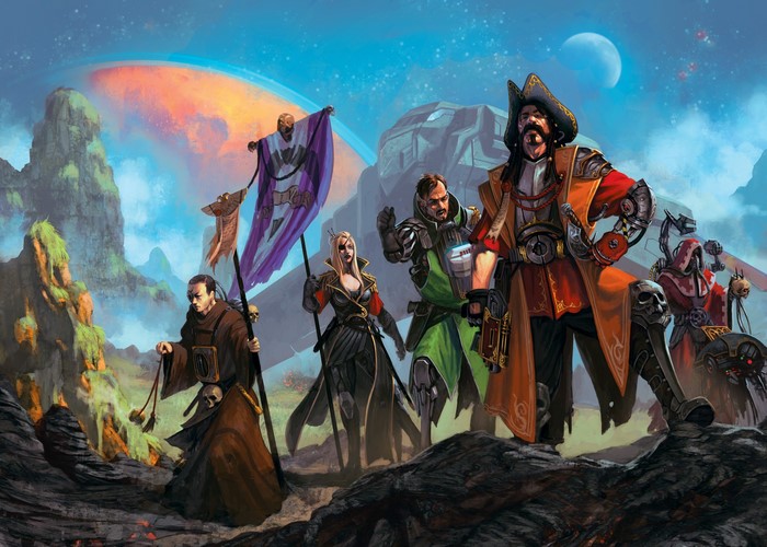 Group of diverse fantasy characters on alien planet