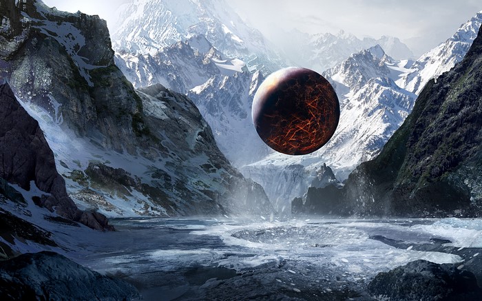 Planet over icy mountains and frozen lake