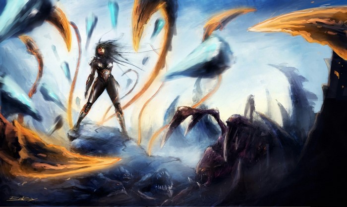 Kerrigan from StarCraft 2 in a hostile alien landscape