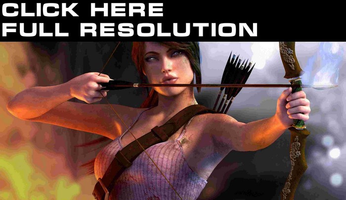 Lara Croft from Tomb Raider aiming a bow and arrow