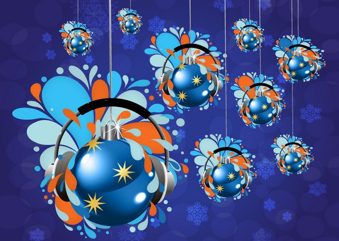 Christmas ornaments with headphones and colorful splashes
