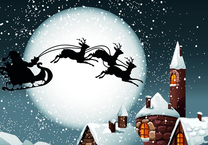 Santa Claus and Reindeer Flying Over Snowy Village at Night