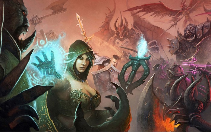 Mage casting magic in a battle against demons and warriors