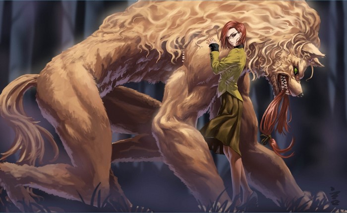 Girl with a large beast in a forest