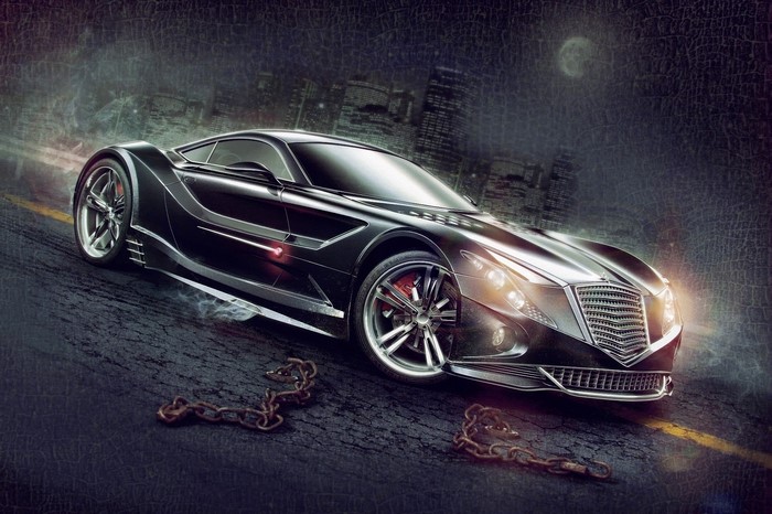 Black luxury car on a dark road at night