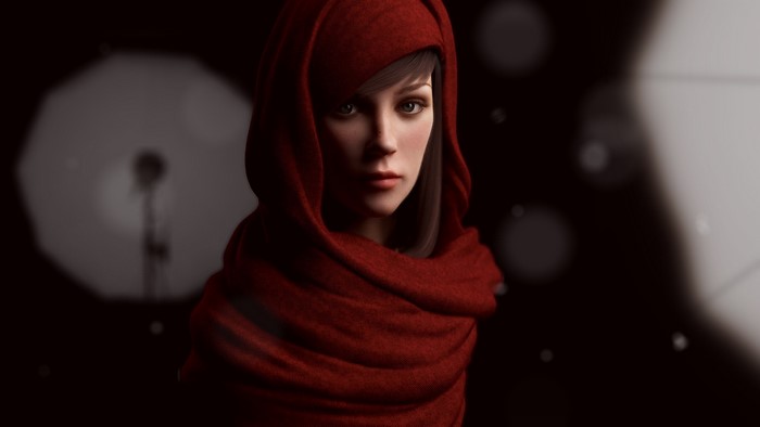 Woman in red headscarf looking to the side