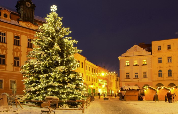 Christmas tree in a town square at night
