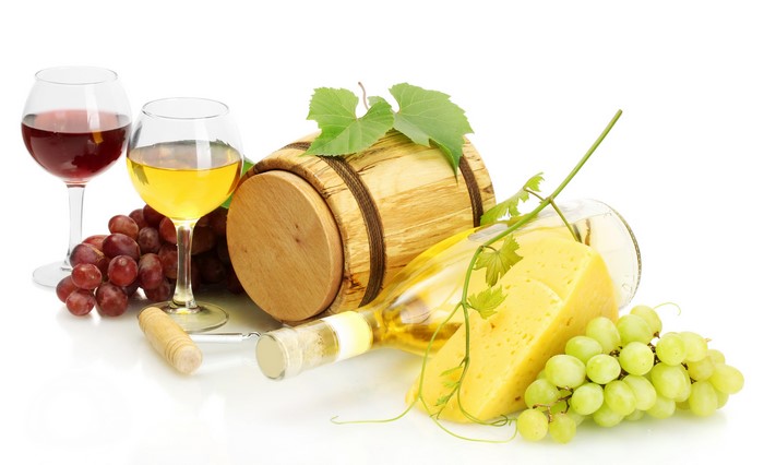 Wine, Grapes, Cheese, and Barrel