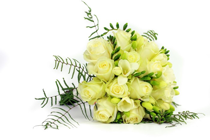 White Roses and Freesia Bouquet with Ferns