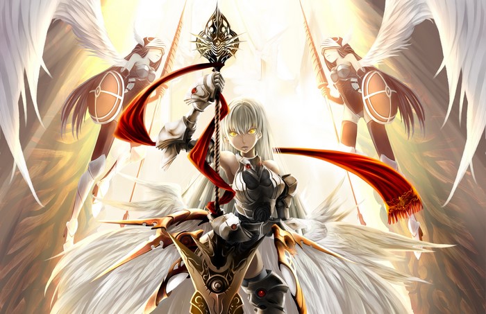 Blonde angel warrior with wings and armor