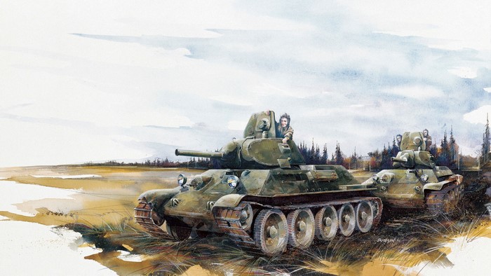 Painting of Soviet T-34 Tanks in a Field