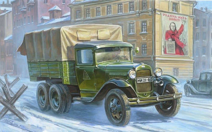 Soviet truck in a snowy city with propaganda poster