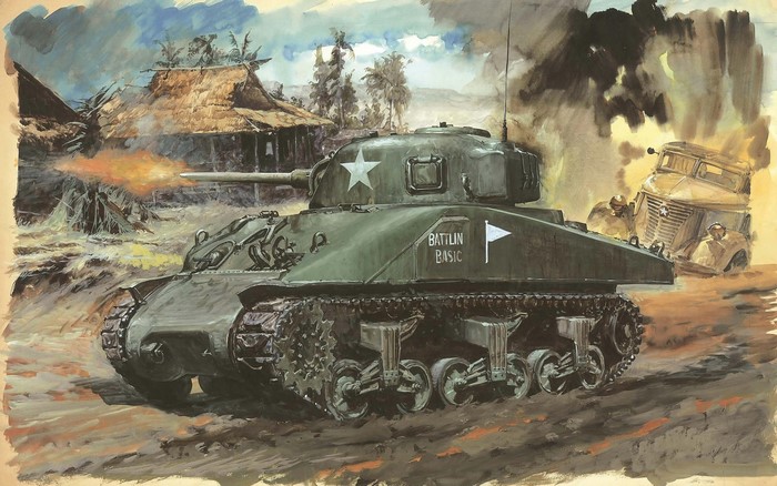 M4A1 Sherman tank firing in a battle scene